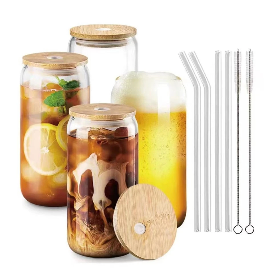 Ly uống nước có nắp tre, gỗ và ống hút thủy tinh